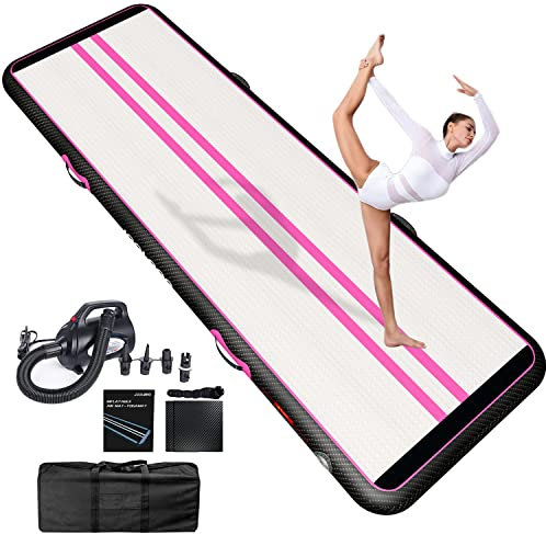 JOOLOOG Tapis de gymnastique gonflable 5 x 1 x 0,1 m - Pour la maison, la gym, le yoga, l'entraînement, le cheerleading, le parc de plage en plein air, avec pompe à air électrique de 650 W - Rose et