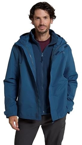 Mountain Warehouse Fell Mens 3 in 1 Water Resistant Jacket - Adjustable Coat with Packaway Hood, Detachable Inner Fleece & Many Pockets - For Hiking & Outdoors Dark Blue S