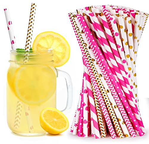 Vicloon Strohhalme Papier, Trinkhalme Papier Biologisch Abbaubare, Heißes Gold+Rosa Papier Trinkhalme Geeignet für Partys, Hochzeiten und Anlässe, Party Strohhalme, 100 PCS