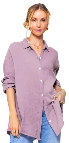SASSYCLASSY Oversize Musselin Bluse Damen Langarm - Oversized Freizeit Look - Hemdbluse lang aus Baumwolle mit V Ausschnitt - Long-Bluse One Size (Gr. 36-48) Violett