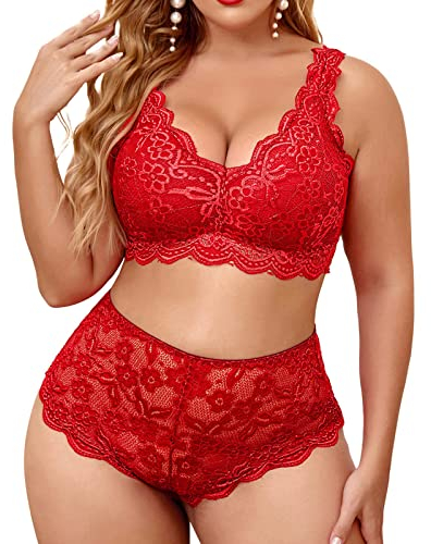 Eauptffy Damen Halter Lingerie Tiefer V Ausschnitt Plus Size Dessous Set sexy Halfter, Choker, Riemchen BH und Panty, 2 teiliges Bodysuit ReizwäSche mollig ouvert Spitzen Unterwäsche Set