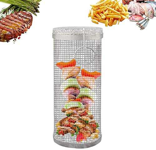 BAtlam BBQ-Rollkorb, Edelstahl-Grillgitterkäfigbleche BBQ-Zubehör für Grillen im Freien, Grillkorb Ever-L (L)