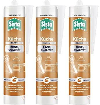 Sista Küche Profi-Qualität Silikon, scheuerfeste Fugenmasse für die Küche, wasserfestes Küchensilikon mit idealer Glättung, reinigungsmittelbeständige Dichtmasse, 3x280ml Kartusche, transparent