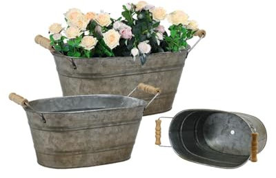 vensovo Galvanized Metal Oval Planter Buckets with Handles – Set of 3 Rustic Farmhouse Flower Tubs with Drain Holes & Plugs, Vintage Small Pots for Herbs, Succulents, Wedding or Tabletop Decor