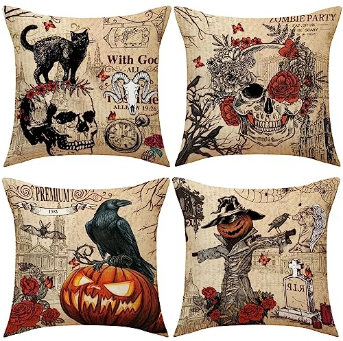 4 Stück Halloween Dekorative Kissenbezug, 45x45cm Dekokissen Kissenhülle Sofakissen Zierkissenbezüge Happy Halloween Deko, Herbst Leinen Kürbis Schädel Kissenbezug Für Sofa Sessel