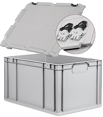 Eurobox NextGen Economy, Griffe geschlossen mit Scharnierdeckel 60x40x32cm grau Kunststoffbox 65 Liter stapelbar Transportbehälter lebensmittelecht, Farbe Deckel-Scharniere wählbar (Schwarz)