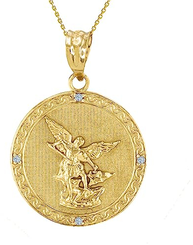 Little Treasures 9 Karat Gold Gelb Gold St Michael ArchEngel Diamant Anhänger Halskette (1.14) (Verfügbare Kettenlänge 40cm - 45cm - 50cm - 55cm) D