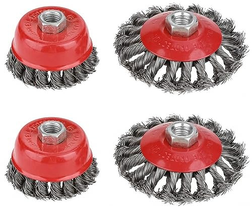 4Pcs Twist Knot Wire Wheel Cup Brush Set for 4-1/2 Angle Grinder, M14 Threaded Arbor - Coarse Knotted Wire Wheels for Heavy Duty Rust Stripping, Paint Removal & Multi-Surface Cleaning (φ75mm φ100mm)