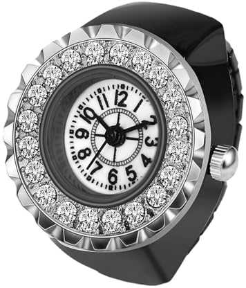 JewelryWe Ringuhr Fingeruhr Damen Elastisch - Elegant Glitzer Strass Rund Analog Quarz Fingerringuhr Ring Uhr Uhrenring mit Schwarz Legierung Elastisch Band