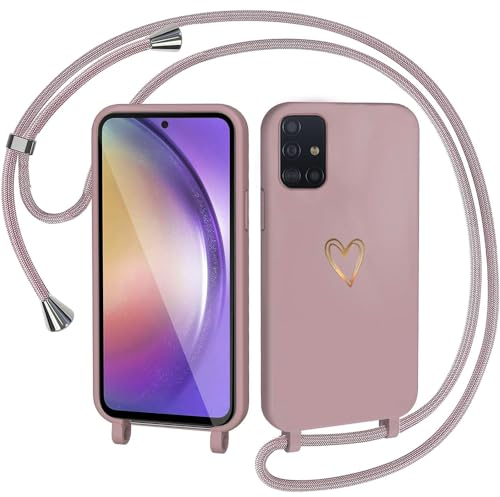 CaseLover Handyband für Samsung Galaxy A71 4G Hülle mit Band, Herz Muster Silikon Necklace Handyhülle mit Abnehmbar Kordel zum Umhängen Stossfest Bumper Handy Schutzhülle für Samsung A715F, Pink