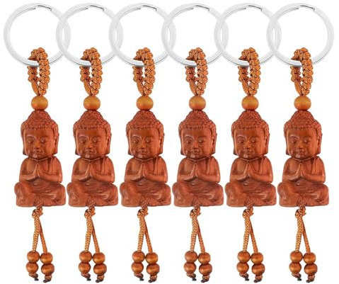 Wilsonzin 6 Stück Buddha Schlüsselanhänger aus Holz - Deko Anhänger, Budda Kopf Figur für Autozubehör, Glücksbringer Geschenk