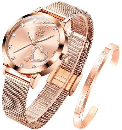 OLEVS Womens Watch Gift Set avec Bracelet Rose Gold Ladies Minimaliste Minimaliste Slim Robe DéContractéE Analogique Montre à Quartz ImperméAble