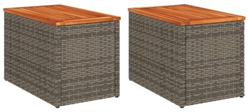 Makastle Beistelltisch 2er Set, Polyrattan Gartentisch Balkontisch Bistrotisch mit Holz Tischplatte, Wetterfest Kleiner Tisch Teetisch für Balkon Terrasse Garten, Grau 55x34x37 cm
