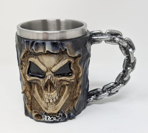 Skull Mug with Chain Handle 475ml – Gothic Resin Coffee Mug with Stainless Steel Inner Liner – 3D Skeleton Face Novelty Cup for Tea, Beer, Halloween, Horror Fans, Biker & Gothic Gift JR5015