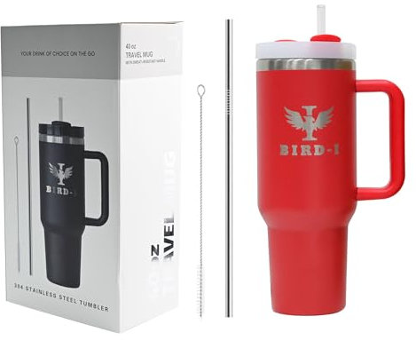 BIRD-I DOUBLEWALL TUMBLER 40oz Stainless Steel Double Wall Thermos Travel Coffee Mug Ice Bully Insulated Vacuum Quencher with Handle and Lid Straw Leakproof adventure reusable. (RED)