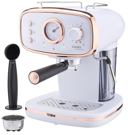 Cooks Professional 15-Bar Retro Espresso Coffee Machine with Frothing Steam Wand, Built-In Temperature Gauge, 1.2L Water Tank & Stainless Steel Drip Tray | White & Copper