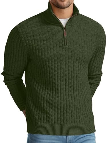 QIXING Troyer Herren Pullover mit Zopfmuster und Waffelmuster - Weicher Freizeit-Strickpullover mit 1/4-Reißverschluss und gerippten Kanten Pulli Herren