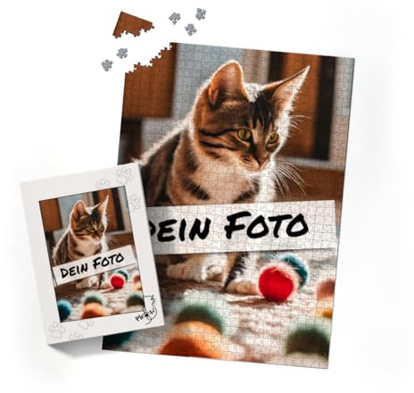 Fotopuzzle mit eigenem Bild - Puzzle selbst gestalten 1000 Teile Hochformat - Schachtel Meow - mit Foto personalisiert - Geschenk Katzenliebhaber