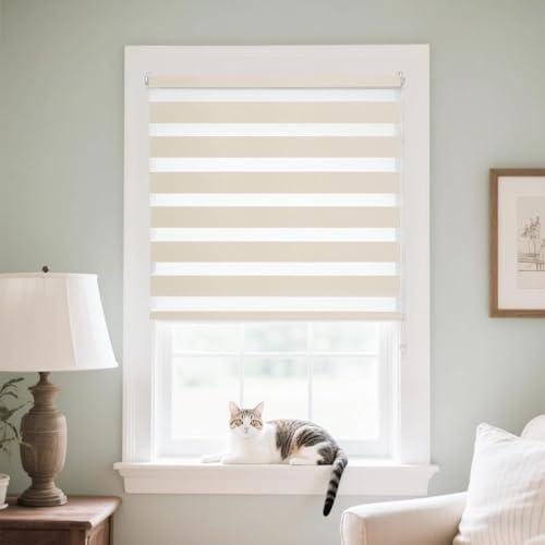 Joydeco Doppelrollo ohne Bohren mit Klemmfix und Anti-Verhedderungszubehör stufenlos verstellbar lichtdurchlässig verdunkelnd Hellbeige B90 x H130 cm(Stoffbreite 86cm)