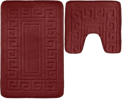 Pro Home Bath Mat Sets 2 Piece Washable 50x80cm – Non-Slip Toilet Mat and Pedestal Mat with Greek Pattern – Soft, Quick-Dry, Absorbent, Machine Washable, Ideal for Daily Use. (Burgundy)