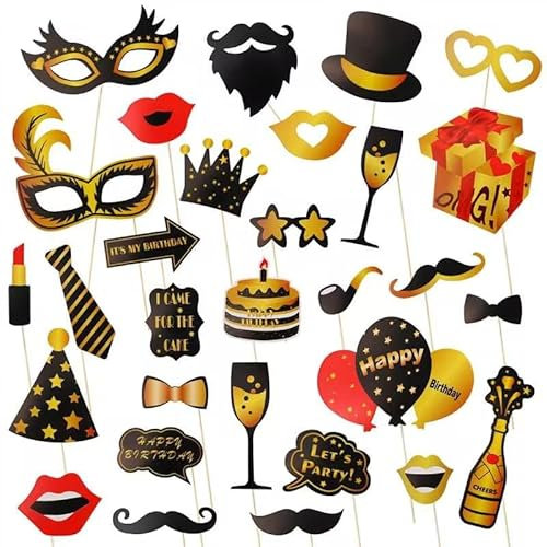 Acooruiteng Fotorequisiten Fotobox Accessoires 30 Stück Schwarzes Gold Party Photo Supplies Photo Booth Props
