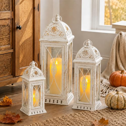 TRIROCKS Set of 3 Large Decorative Candle Lanterns, 56/41/28cm Vintage Cream White & Gold Metal Candle Holders for LED Candles, Hanging Lanterns for Living Room Fireplace Patio Garden