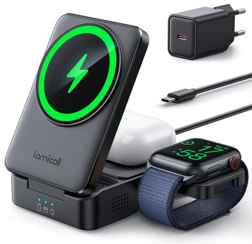 Lamicall 3 IN 1 Ladestation für MagSafe Ladegerät - [Faltbar & Tragbar] Kabellose induktive Ladestation Apple Watch und iPhone, Reisen Wireless Charger für iPhone 17/16/15/14 Pro Max Plus Air, AirPods