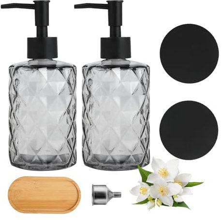 FHISKUNYU Dispensador de Jabón de Cristal Reutilizable 330 ml, Juego de 2 con Bomba de Acero Inoxidable y Posavasos Antideslizantes, Botellas para Baño, Cocina y Oficina