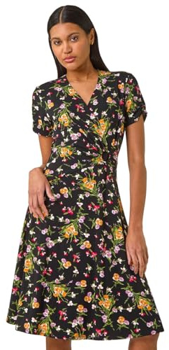 Roman Originals Ring Buckle Wrap Stretch Dress for Women UK - Ladies Autumn Everyday Winter Holiday 3/4 Sleeve Soft V-Neckline Comfy Knee Length Frock Warm Gowns Midi - Floral Pink - Size 16