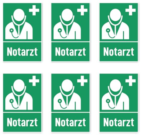 Aufkleber: 75x50 mm, 6 Stück - Notarzt - Rettungszeichen mit Text (deutsch) (grün/weiß) - hochkant - E009 - DIN EN ISO 7010 / ASR A1.3