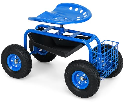 COSTWAY Rollsitz mit Rollen, 360 ° drehbar | höhenverstellbar, Gartensitz mit Ablage & Korb, bis 150 kg | breite Gummireifen, Gartenrollsitz für Gartenarbeit, Arbeitssitz Gartenwagen Metall (Blau)