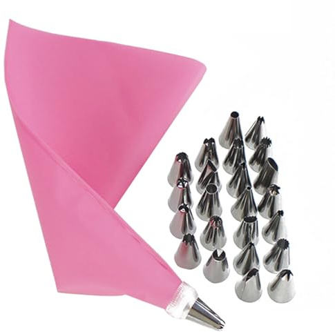 Ensemble de décoration de gâteaux 26 pièces: douilles en acier inoxydable, poches à douille en EVA Compatible with la crème au beurre et la cuisson de biscuits(Roze)