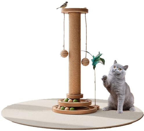 4 in 1 Katzenspielzeug aus Holz Roller 2-lagiger Drehteller Interaktives Katzen Spielzeug hölzernes mit Federn und Katzenminze Bälle, 49cm Katze Sisal Seil Kratzbaum mit hängenden Ball