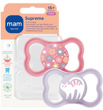 MAM Supreme Schnuller | 16+ Monate | 94% Akzeptanz | Babyschnuller beugt Zahnfehlstellungen vor | besonders Hautfreundlich | SkinSoft Silikon | Blumen/Katze | 2 Stück