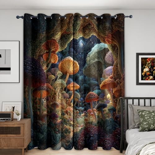 Generisch Psychedelic Vorhänge Blickdicht Gardinen mit Ösen, Bunt Pilze Deko Muster Wohnzimmer Schlafzimmer Fenster Verdunklungsvorhänge, H 245 x B 140 cm 2er Set (-Zc898)