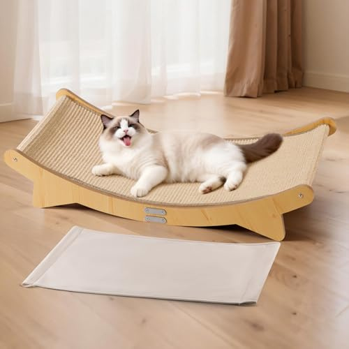 Bartuke Cama rascadora para gatos, hamaca de sisal con almohadilla de sisal y almohadilla de tela para gatos de interior, muebles de madera para rascar y descansar