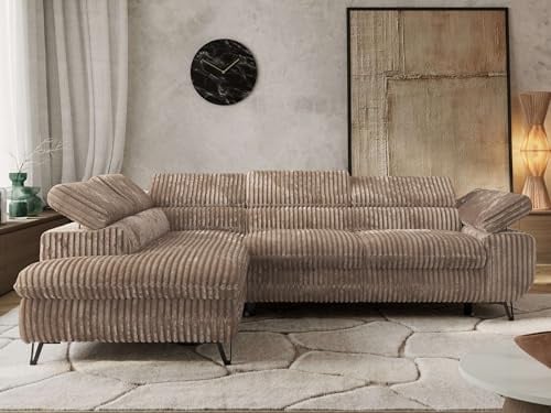 MKS MEBLE Ecksofa Wohnlandschaft L-Form mit Schlaffunktion und Bettkasten, Schlafsofa mit Bettkasten, Sofa mit Einstellbare Kopfstützen, Pablo L - Cord - Links Braun