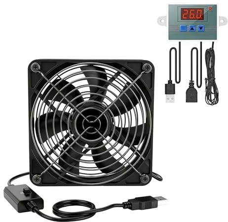 USB Lüfter 120mm mit Digitaler Temperaturregler, 5V USB PC Lüfter mit 3 Einstellbare Geschwindigkeiten, Ventilator Gehäuselüfter, Lüfter USB Dual Kugellager für PS5/Router/TV Box/Laptop/AV Schrank