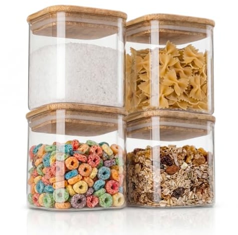 Arendo - Vorratsbehälter 800ml mit Deckel - 4er Set - Behälter aus Glas – hitzebeständig – Vorratsdosen/Vorratsgläser mit Bambusdeckel - luftdicht - für Müsli Zucker Mehl Kaffee Reis