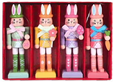 Laimejia 4pcs Easter Nutcracker, Wooden Bunny Nutcracker Figures, Statue Holiday Decoration, Easter BunnyNutcracker Decoration For Workplace Home Bedroom Mantel Holiday Bookshelf Party