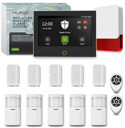 HUXGO® Kit Alarme Maison HXA700 sans Fil WiFi + GSM 4G | Kit Alarme Maison Complet avec sirène Radio, 5X capteurs PIR, 5X capteurs Ouverture Porte/fenêtre | Montage DIY, idéal pour Maison et Garage