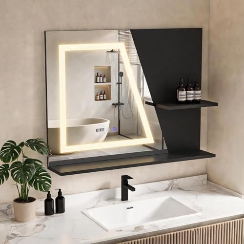 YU YUSING Badspiegel mit Beleuchtung 80x60cm, LED Badezimmerspiegel Mit Uhr