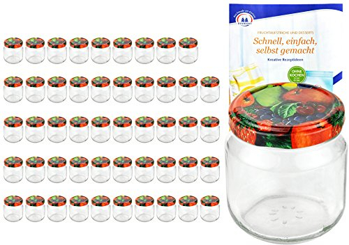 MamboCat Lot de 50 bocaux ronds en verre de 212 ml avec couvercle de couleur fruits décor to 66 avec livret de recettes Diamant Gelierzauber (français non garanti), pots à confiture, bocaux de