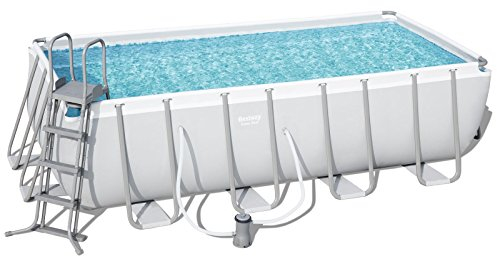Bestway Power Steel Frame Pool Komplettset viereckig, mit Kartuschenfilterpumpe, Leiter, Boden- & Abdeckplane, 488x244x122 cm, grau