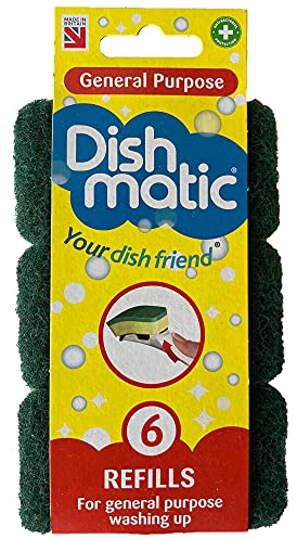 Dishmatic Green General-Purpose Washing-Up Sponge Refill Heads with Antibacterial Abrasive – Kitchen Washing-Up Handle Refills – Pack of 6