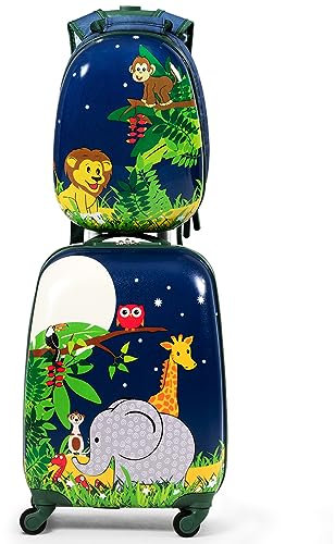 COSTWAY Valise Enfants à roulettes 16’’ & Sac à Dos 12’’ avec Poignée Télescopique, Bagage Enfants avec Motif Animaux, 4 Roues Rotatives, Lot de 2 Valise pour Fille Garçon