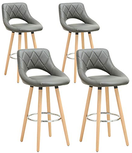 WOLTU Juego de 4 Taburetes Altos con Respaldo Ahuecado y Reposapiés, para Bistro, Cafeteria y Cocina, con Funda de Piel Sintética y Patas de Madera, Gris