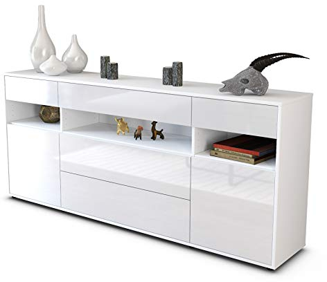 Stil.Zeit Sideboard Floria, Korpus Weiss matt, Front Hochglanz Weiß (180x79x35cm) Push-to-Open Technik & Leichtlaufschienen