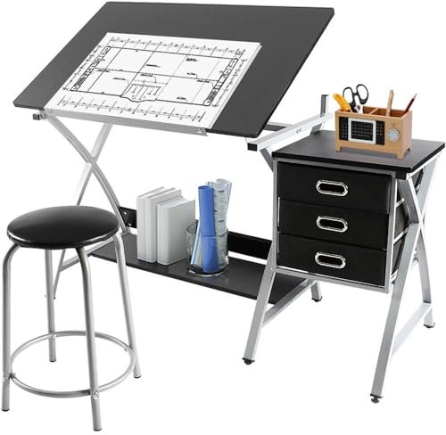 costoffs Adjustable Drawing Table Artist Table Desk Painting Desk w/Tiltable Tabletop, PU Stool, 3 Storage Drawers, Black+Silver