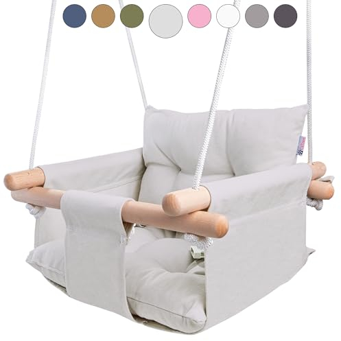 CaTeam - Canvas-Babyschaukel, Holz-Hängeschaukelsitz mit Sicherheitsgurt, langlebige Babyschaukel, Schaukel für Kinder für drinnen und draußen, Montagematerial inklusive, Grau